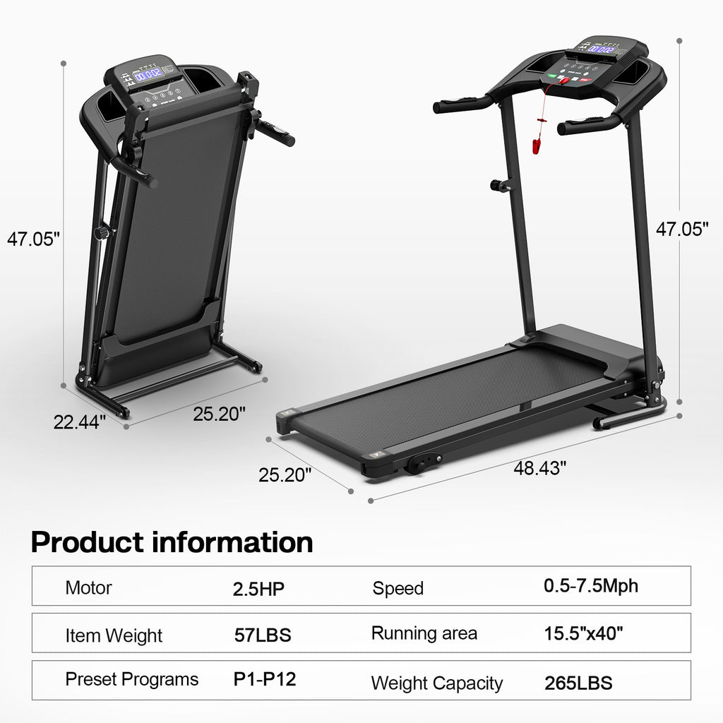 Folding treadmill with foldable frame, dark display, and black running belt