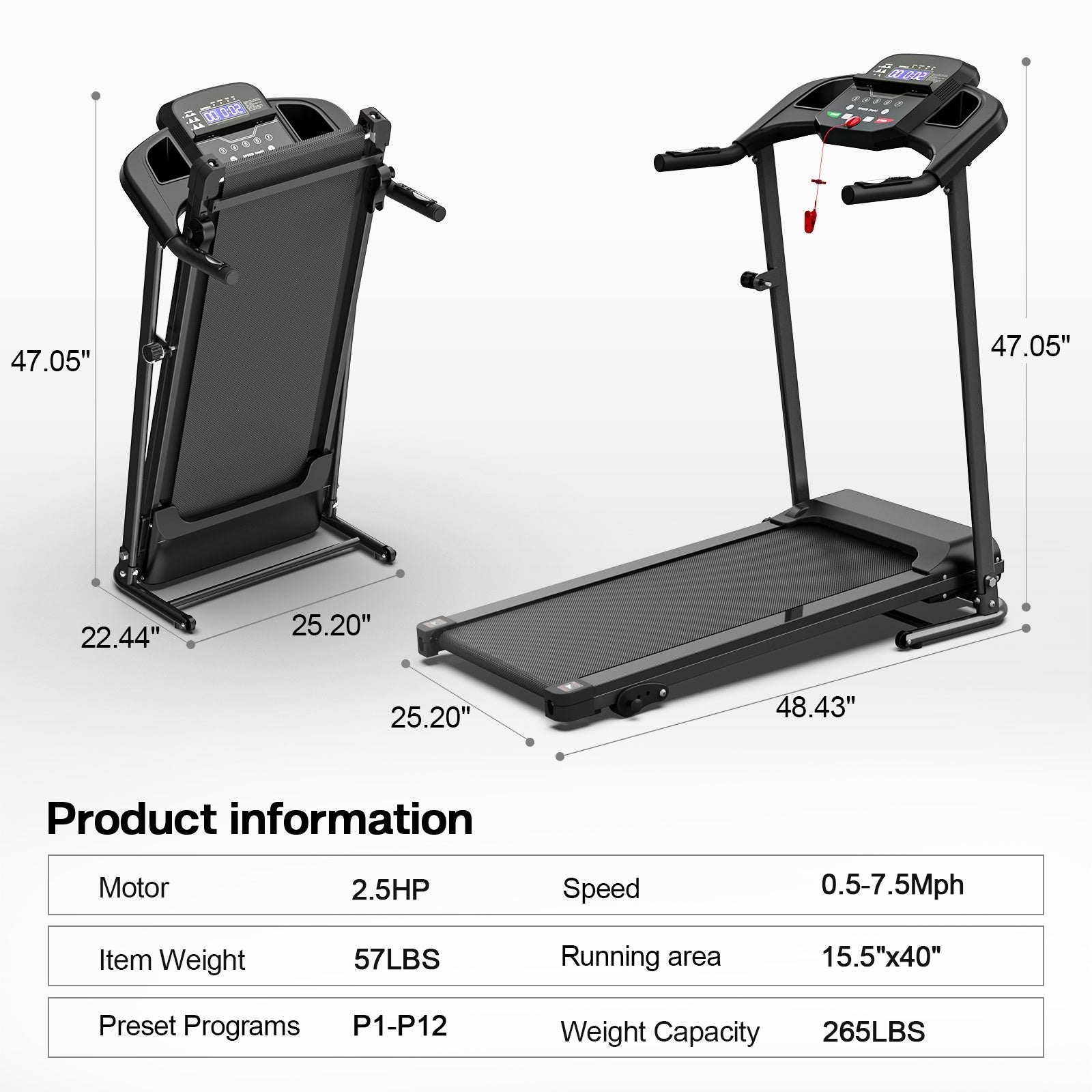Folding treadmill with foldable frame, dark display, and black running belt