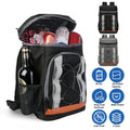 Black insulated cooler backpack with grey accents, front zip pocket, mesh bottle holder