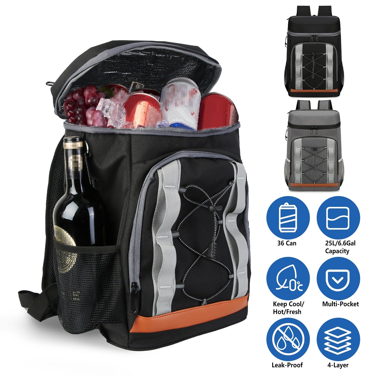 Black insulated cooler backpack with grey accents, front zip pocket, mesh bottle holder