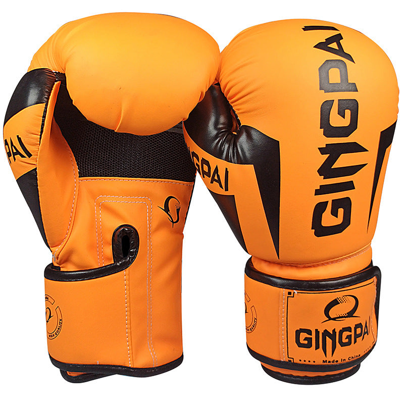 Boxing training gloves in orange with black palm panels and raised wrist logo