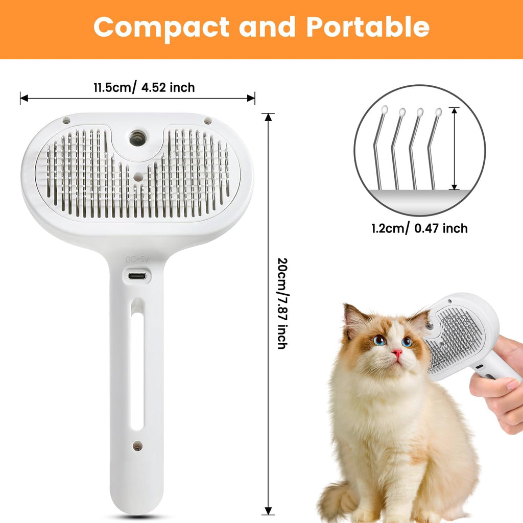 White pet grooming spray brush, top view of bristle plate and USB charge port