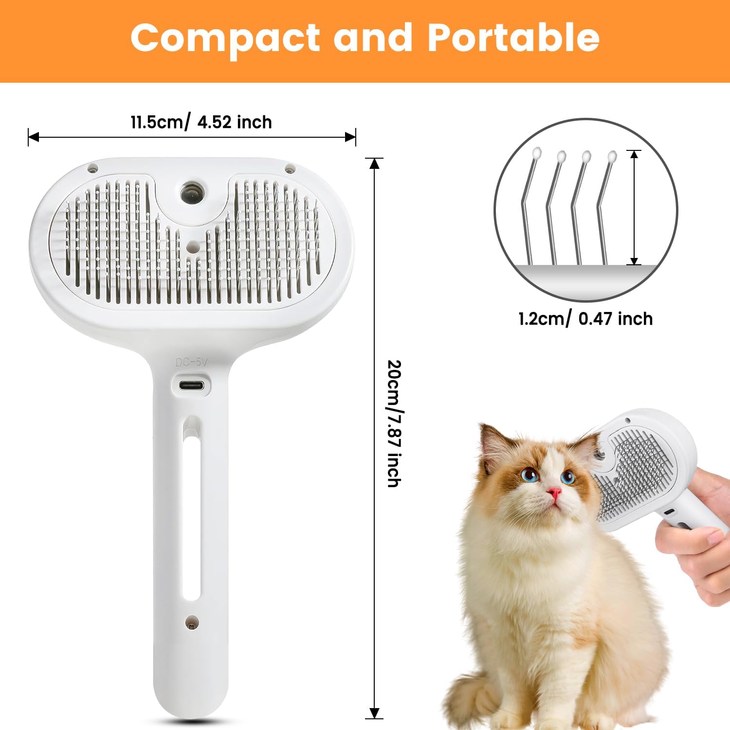 White pet grooming spray brush, top view of bristle plate and USB charge port