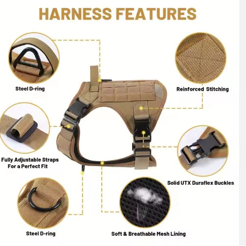 Tan tactical harness vest: reinforced stitching, D-rings, adjustable straps