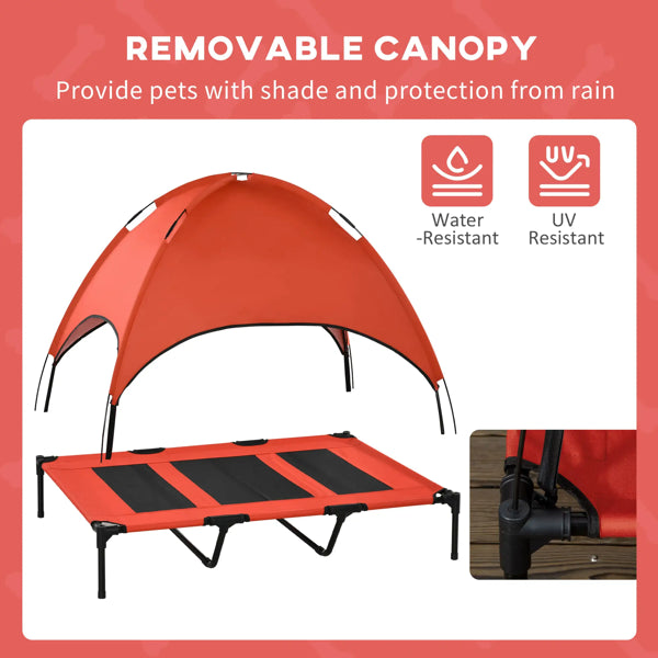 Red removable canopy dog cot with striped mesh bed, water- and UV-resistant