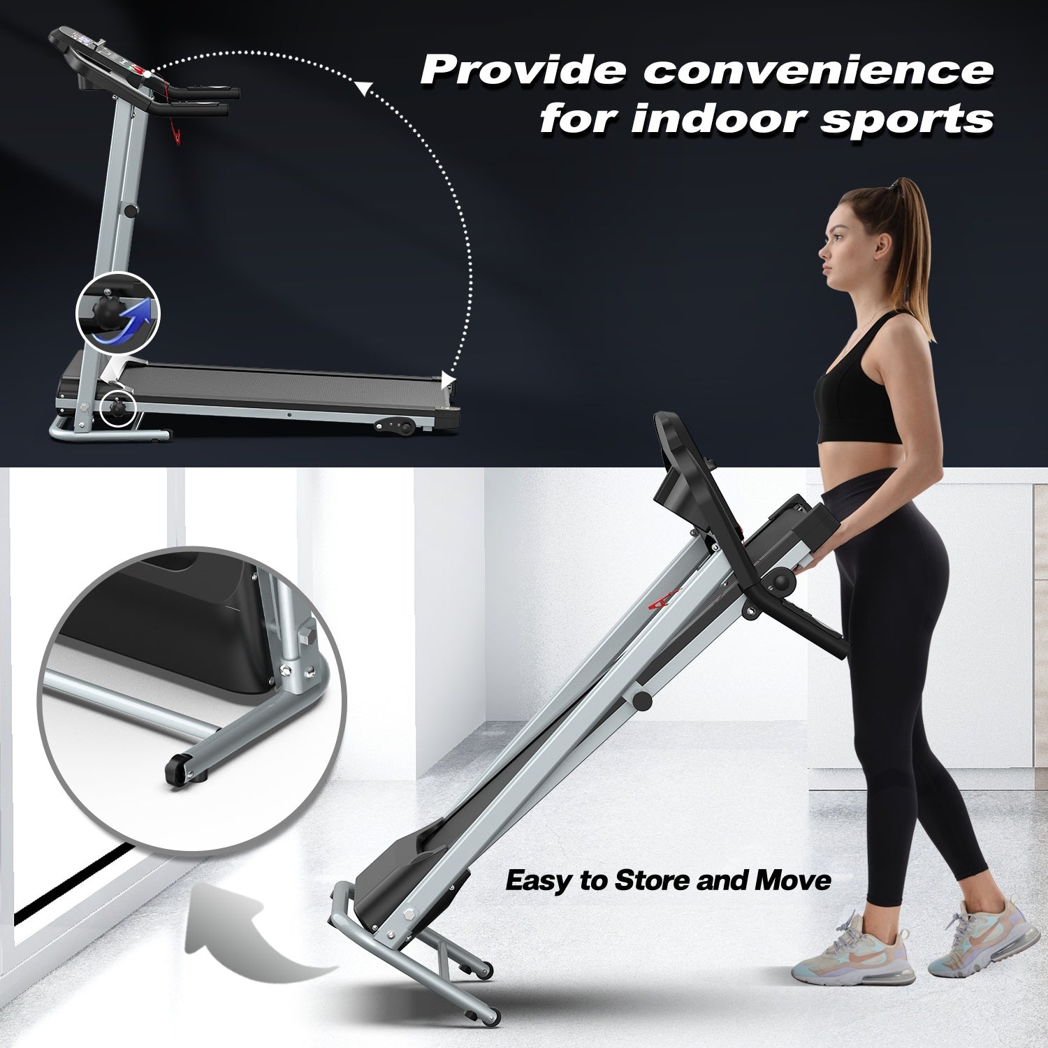 Folding treadmill with incline deck, grey frame, and side handles