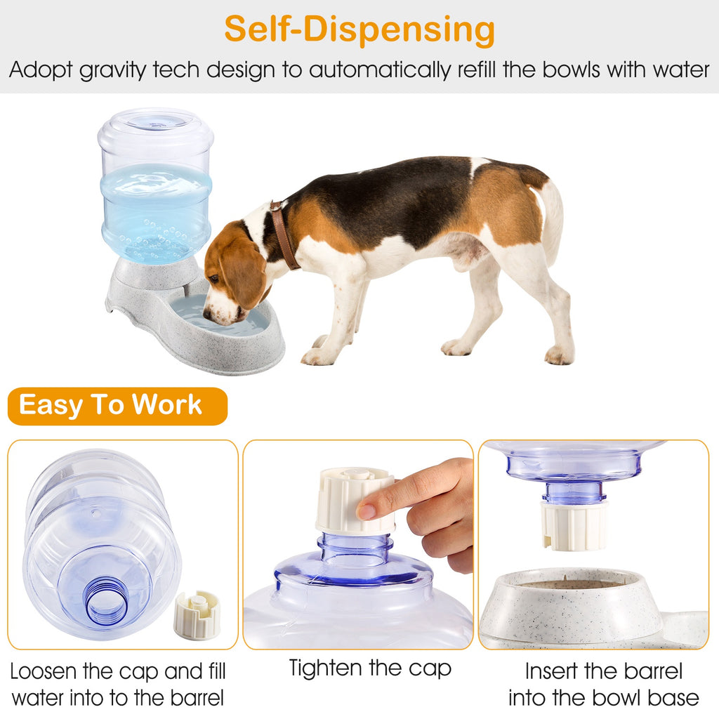 Pet gravity water dispenser with clear water container and light gray speckled bowl base