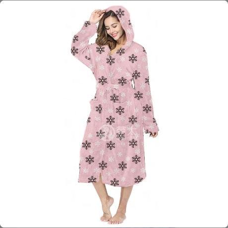 Pink hooded bathrobe with black snowflake print and belt tie
