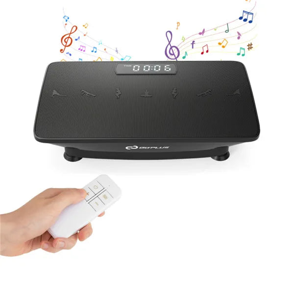 Black vibration plate top with embossed icons, speed indicators, and handheld remote