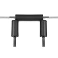 Safety squat bar close-up with black dual arm pads and center block
