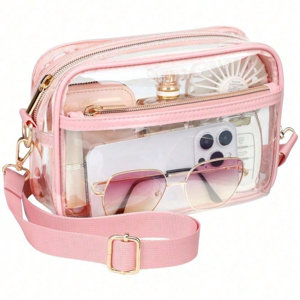 Pink clear crossbody bag with adjustable strap and front zip pocket