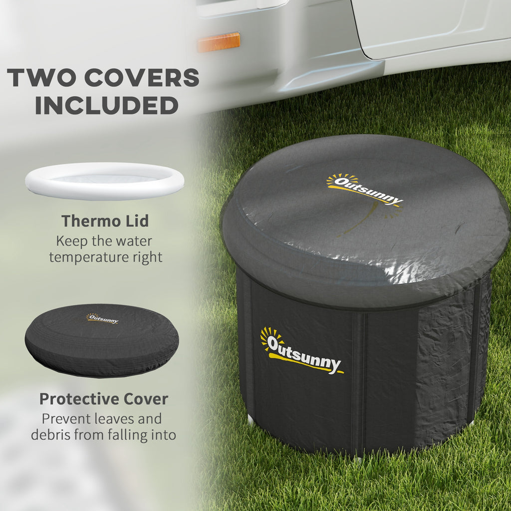 Black cold plunge tub with two lids included: white thermo lid and dark protective cover