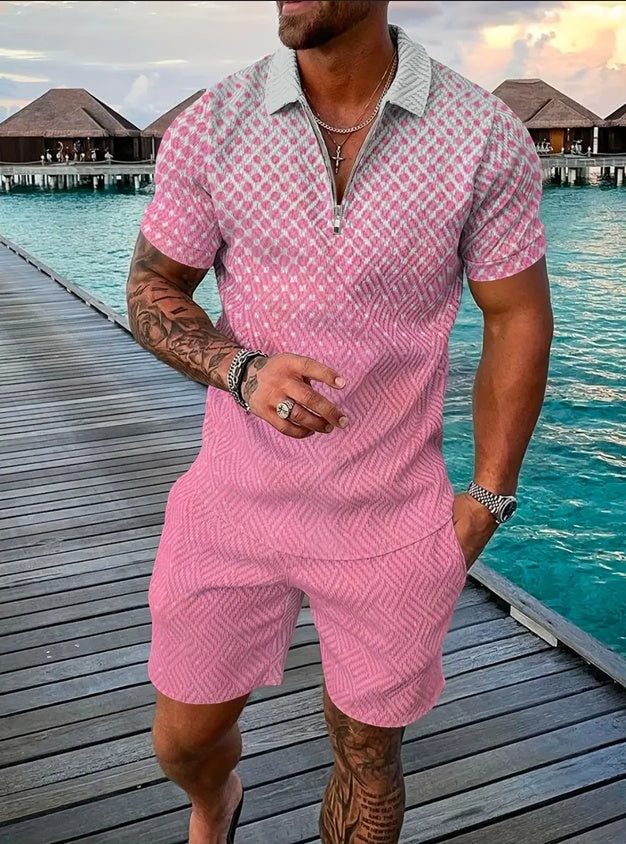 Pink athletic set with short-sleeve half-zip top and matching training shorts