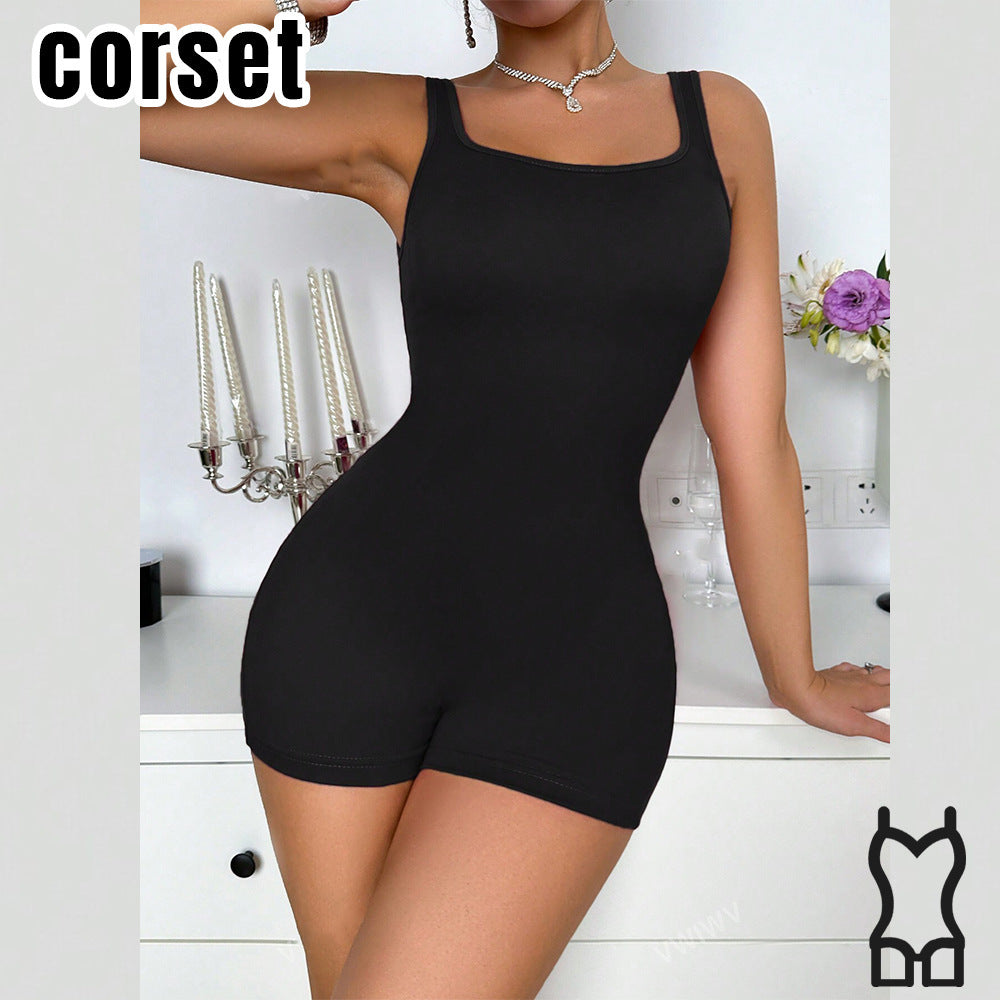 Black sculpting bodysuit with scoop neck, wide straps, and full-body compression