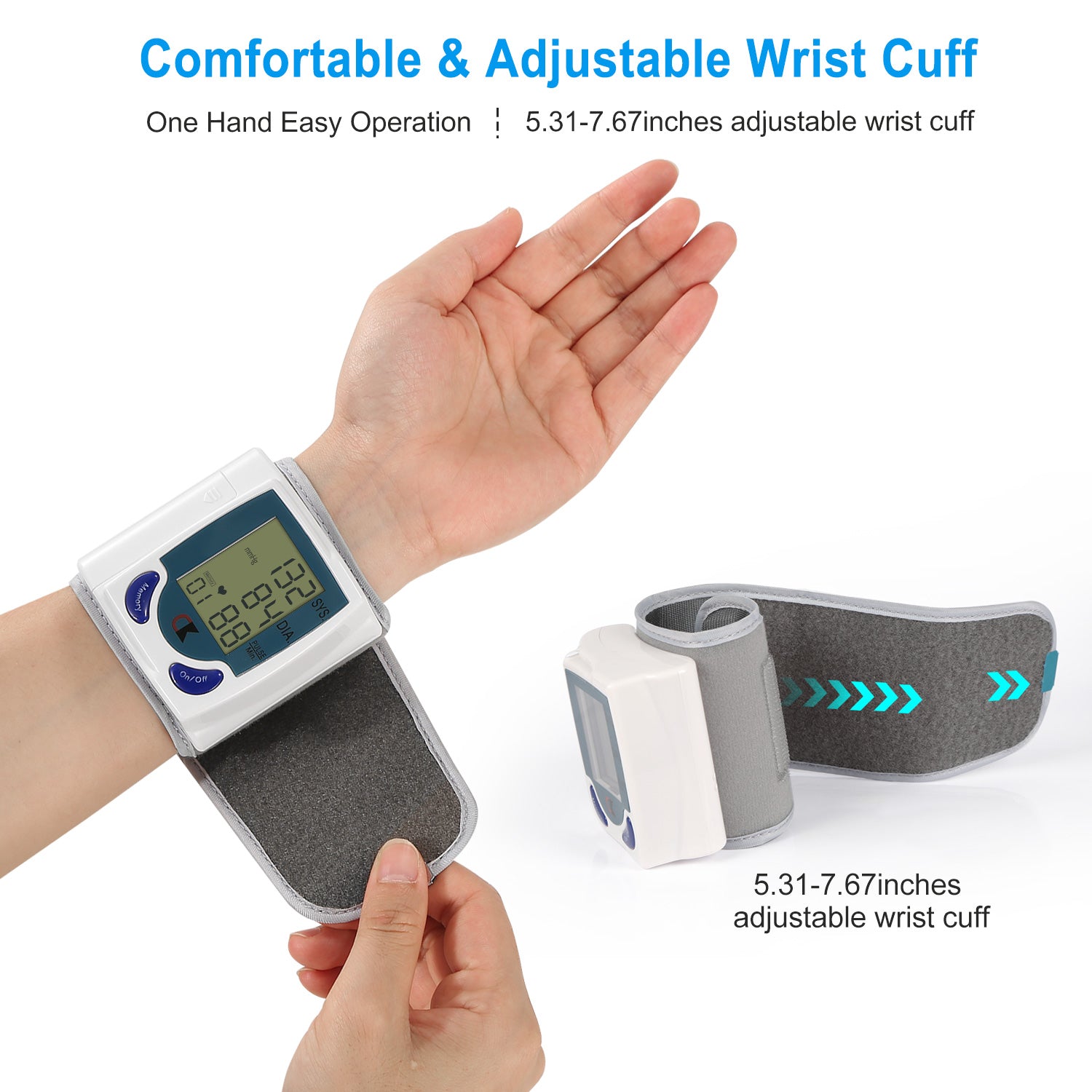 Adjustable gray wrist cuff with white monitor and blue LCD, worn on an open palm.