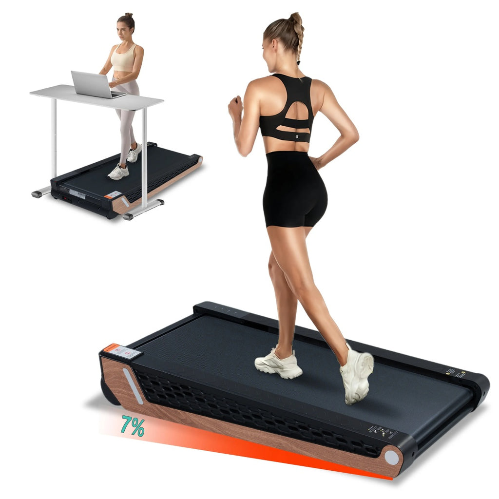 Incline walking pad treadmill, black running deck with wood side panels and console