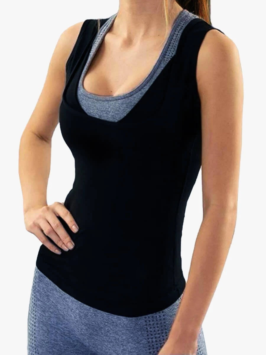 Black neoprene sauna vest worn over sports bra, sleeveless shaping design