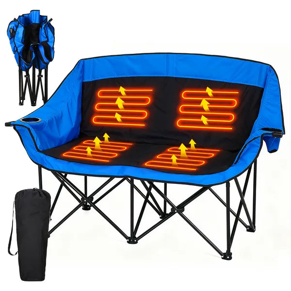 Oversized heated camping chair with blue upholstery and glowing red heat pads, foldable frame