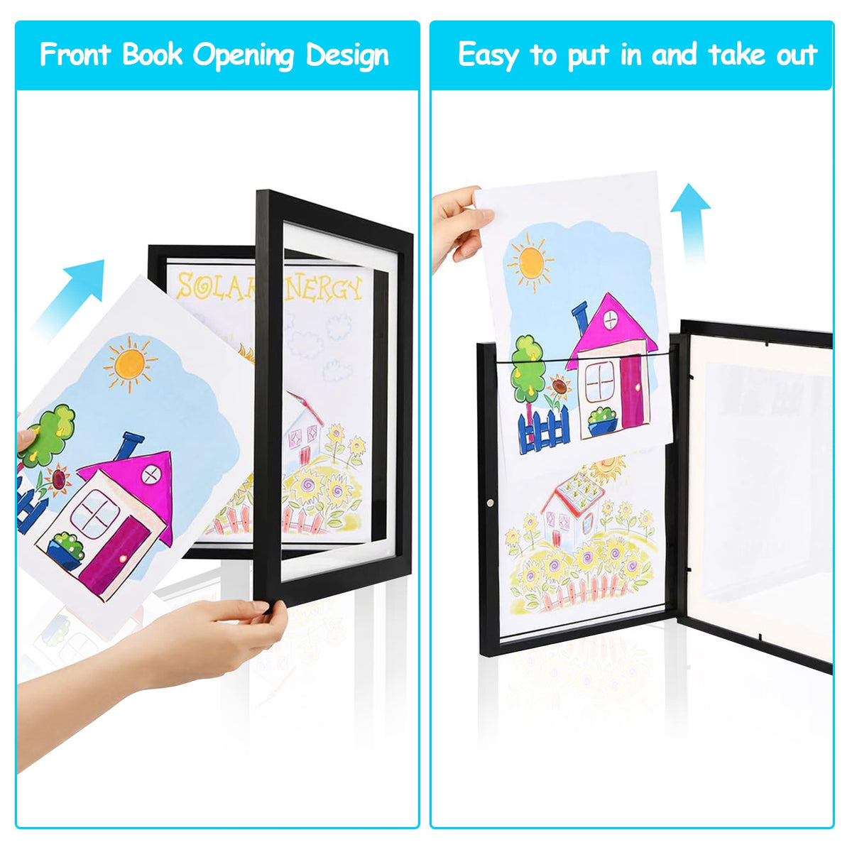 Front-opening A4 art frame set with black frame and glass, for displaying kids’ drawings.