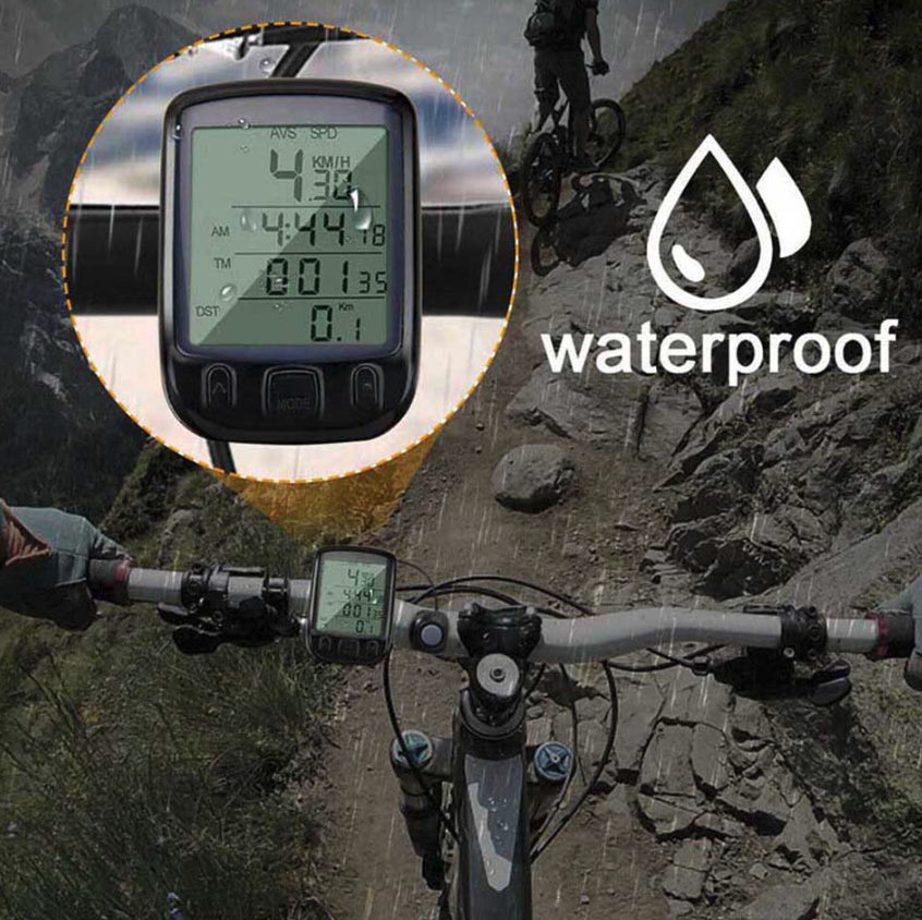 Bike speedometer mounted on handlebars with green LCD and waterproof-style raindrops
