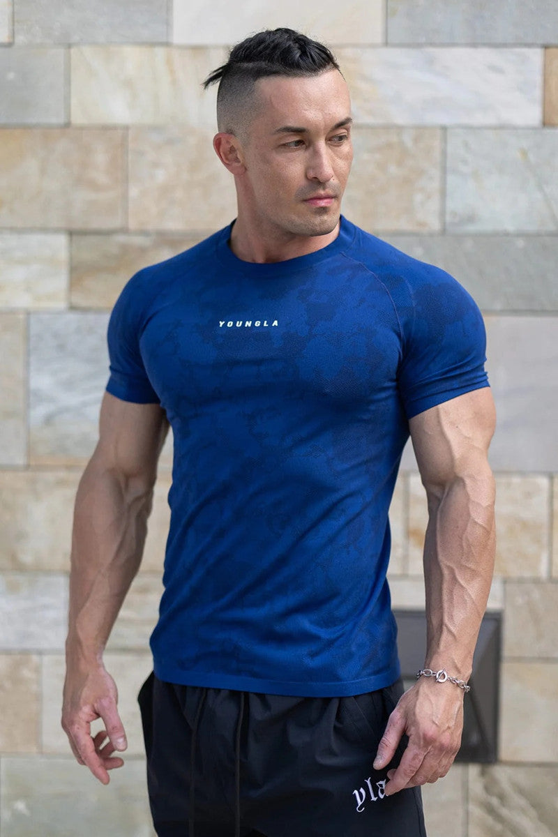 Men's blue camouflage athletic t-shirt, crew neck short sleeves on model