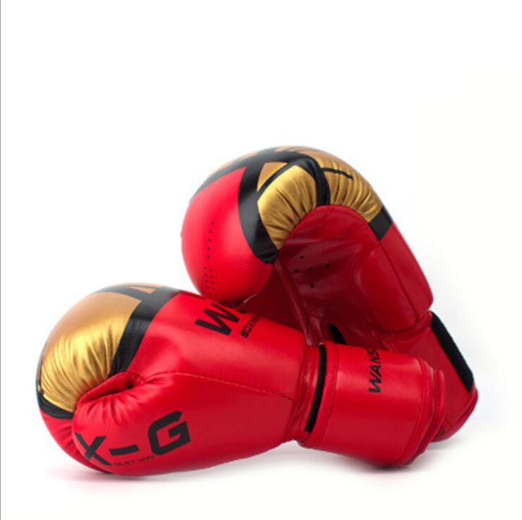 Red and gold boxing gloves with padded knuckles and wrist wrap