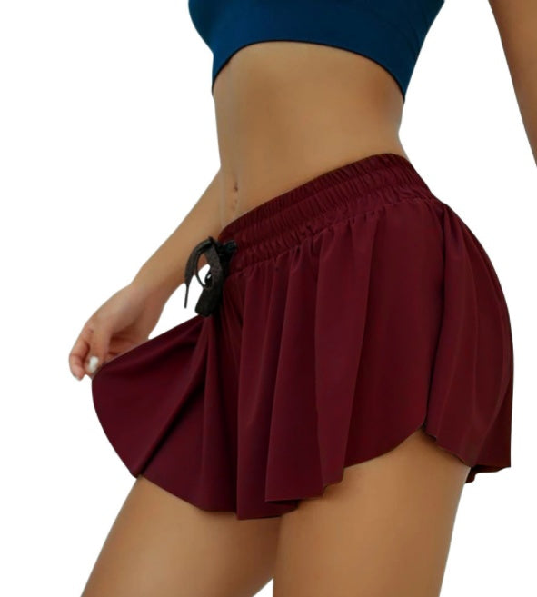 Women’s yoga shorts, wine red high-waist skirted shorts with elastic waistband and drawstring