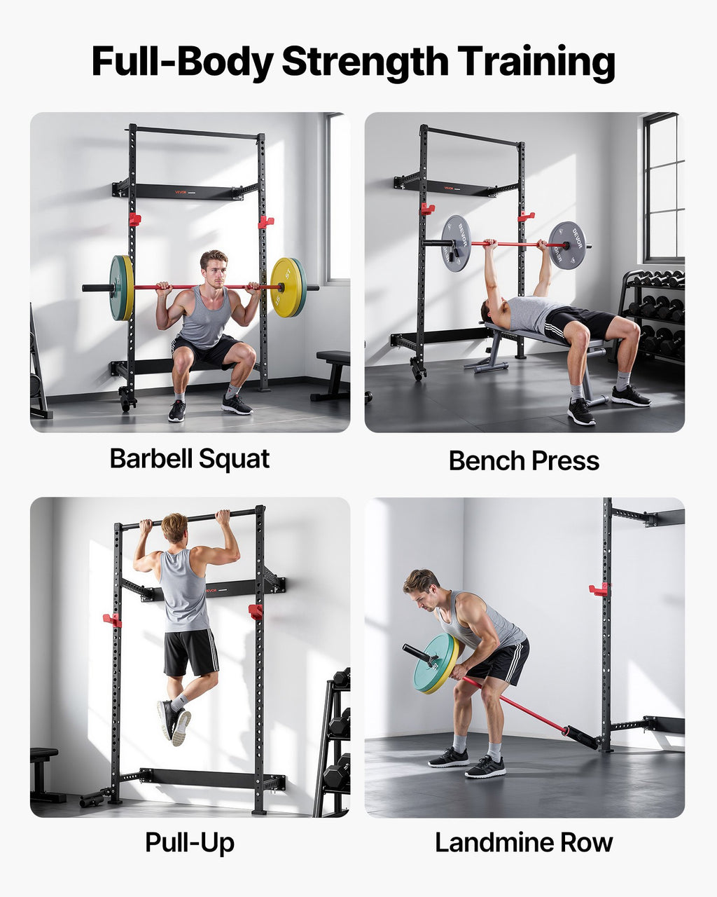 Black folding power rack used for squats, bench press, pull-ups, and landmine rows
