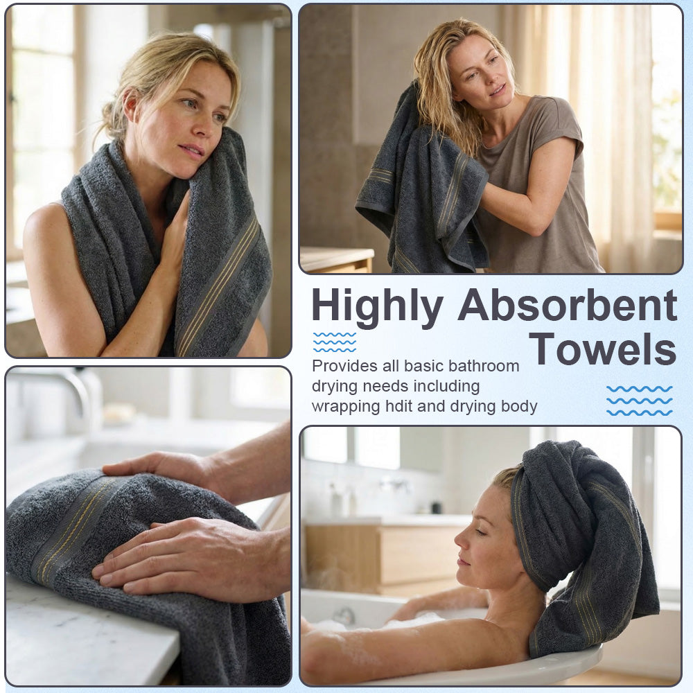 Dark gray cotton bath towel set, four towels with gold-toned stripe accents