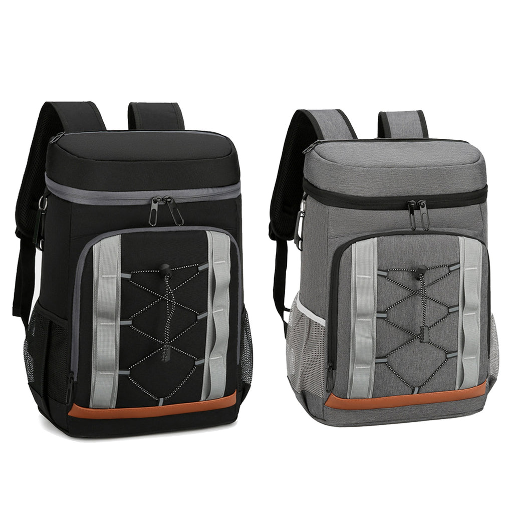 Black insulated cooler backpack with padded top handle, front zipper pocket, and mesh side panels