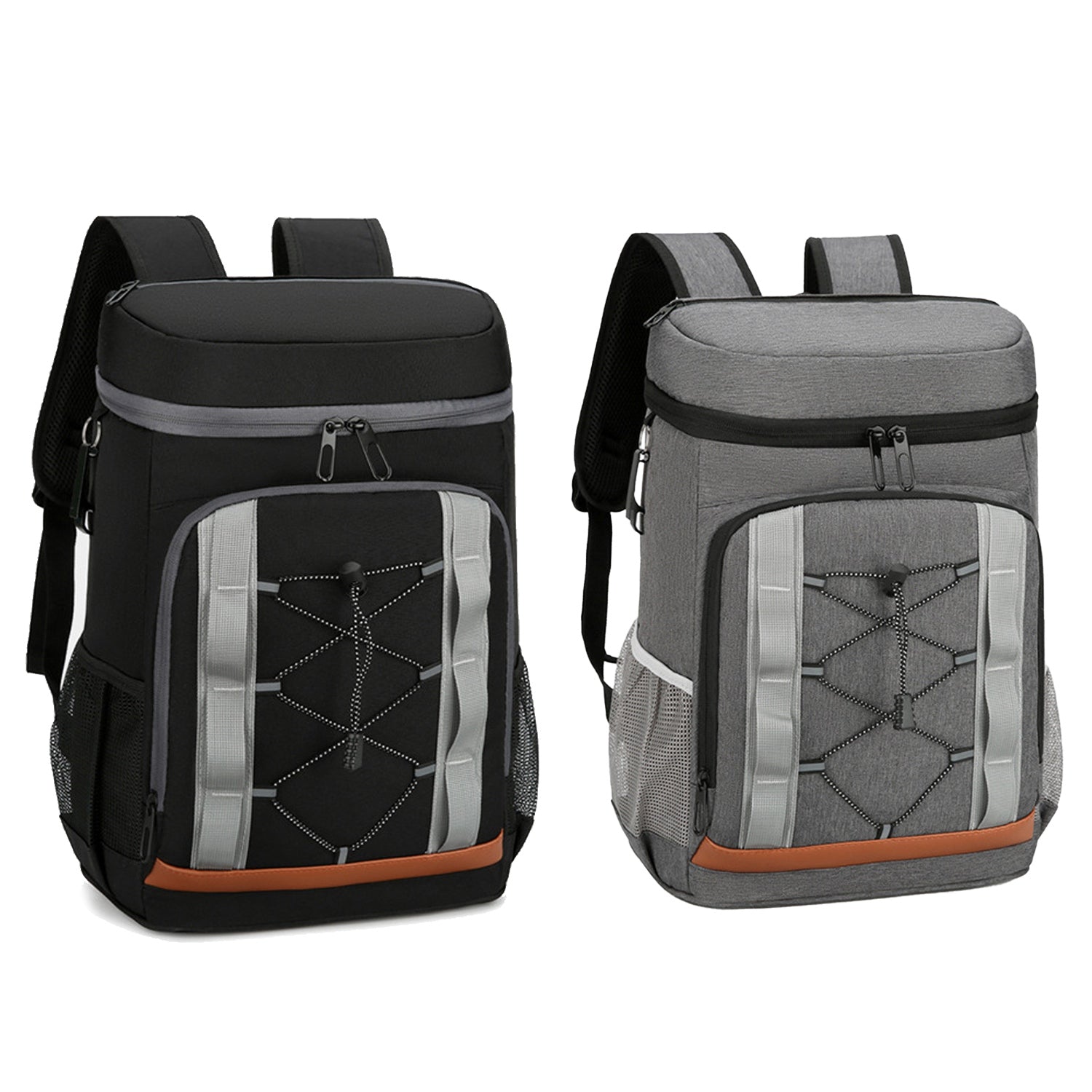Black insulated cooler backpack with padded top handle, front zipper pocket, and mesh side panels