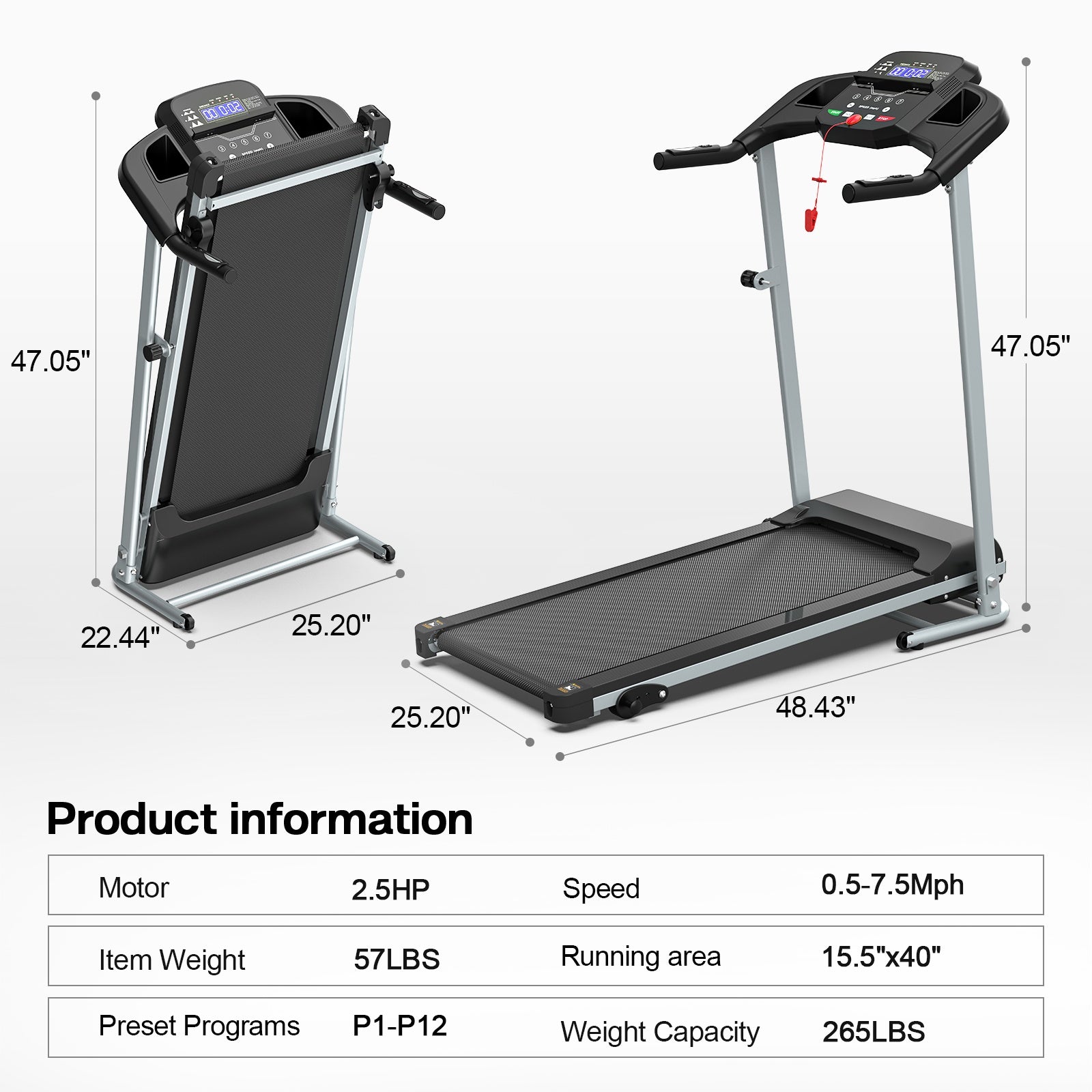 Folding treadmill with dark console, grey frame, and black running belt