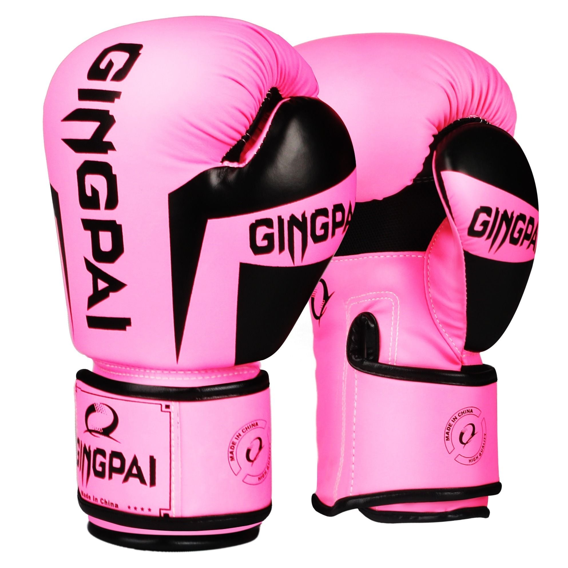 Pink boxing gloves with black palms and white GINGPAI branding, pair