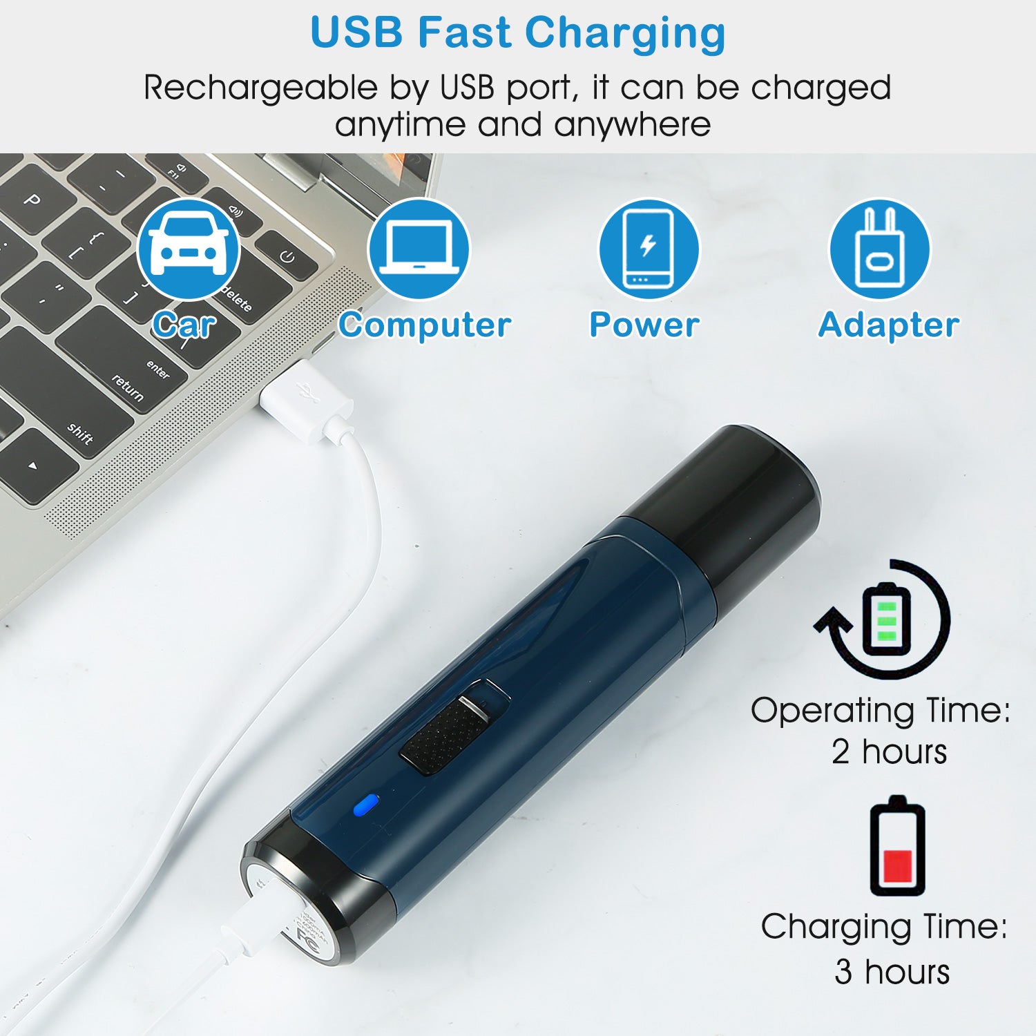 Blue USB charging dog nail grinder with power port and white charging cable