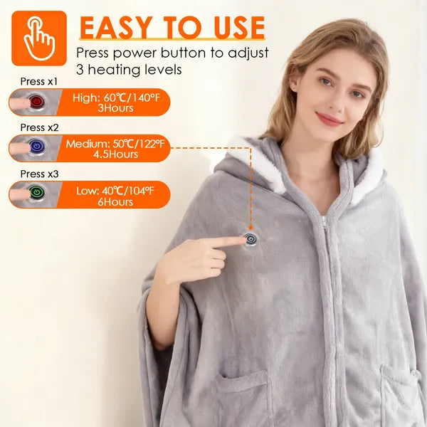 Grey hooded heated throw blanket with zipper, front pocket, and orange heating panels