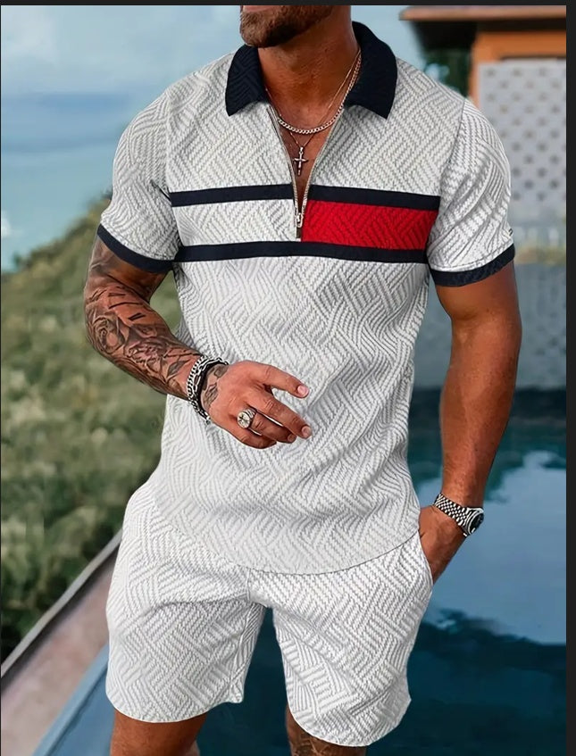 White athletic set with striped short-sleeve half-zip top and matching training shorts