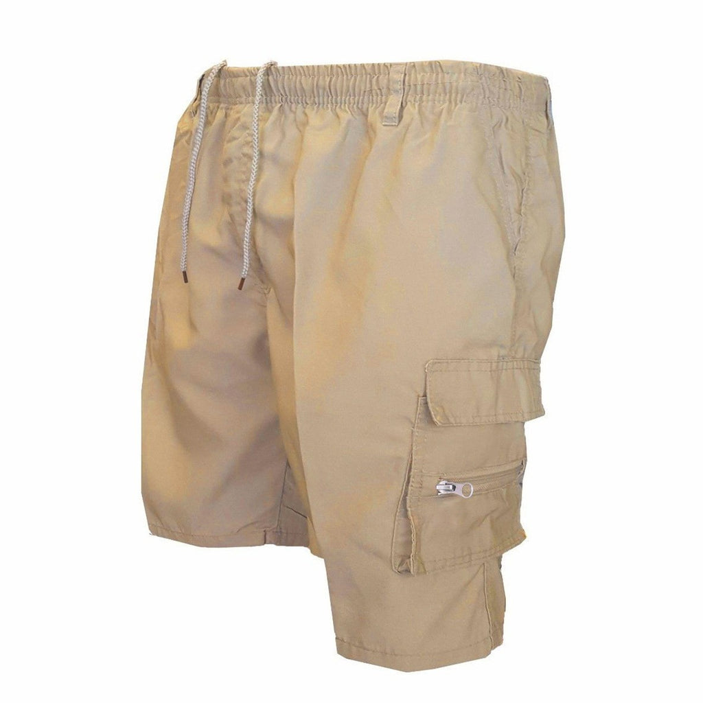 Men’s loose workout shorts in khaki/beige with drawstring waist and side cargo pockets