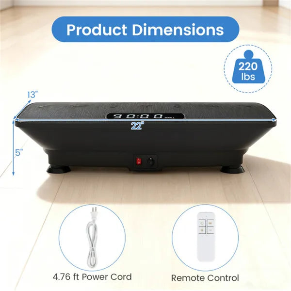 Black vibration plate with digital display, side power button, and four support feet