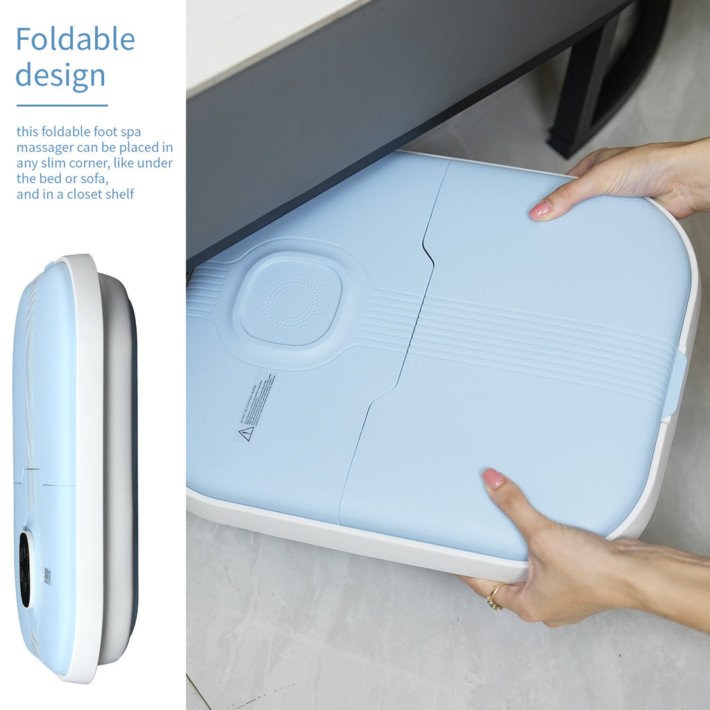 Foldable electric foot bath with handle and textured footbed; hands show compact design