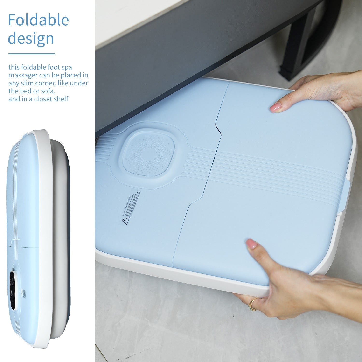 Foldable electric foot bath with handle and textured footbed; hands show compact design