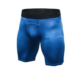 Blue compression shorts with sculpted pouch front and flat waistband