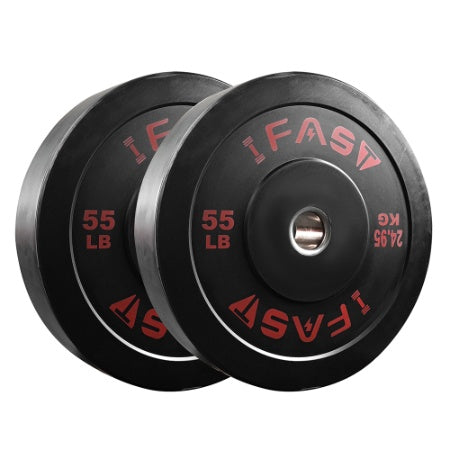 Black 55 lb rubber-coated bumper plates with 2-inch steel insert; side-by-side angle view