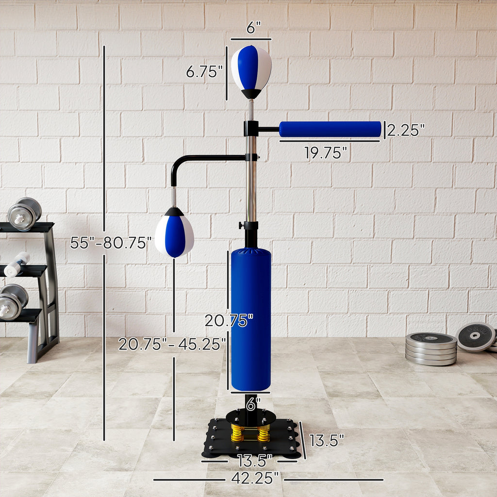 Blue reflex punching bag on adjustable stand with base and size measurements