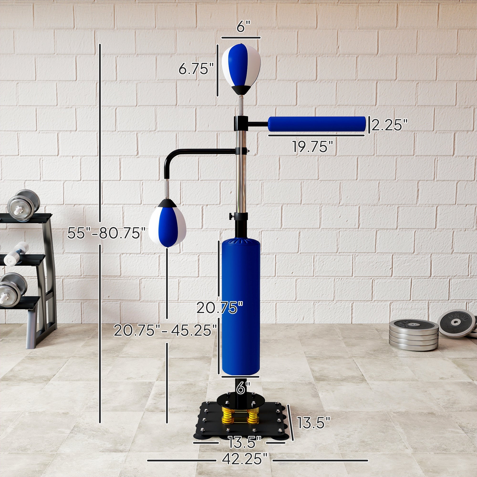 Blue reflex punching bag on adjustable stand with base and size measurements