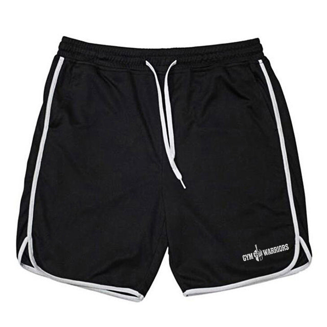 Men's quick-dry mesh fitness shorts, black with white side piping and Gym Warriors logo