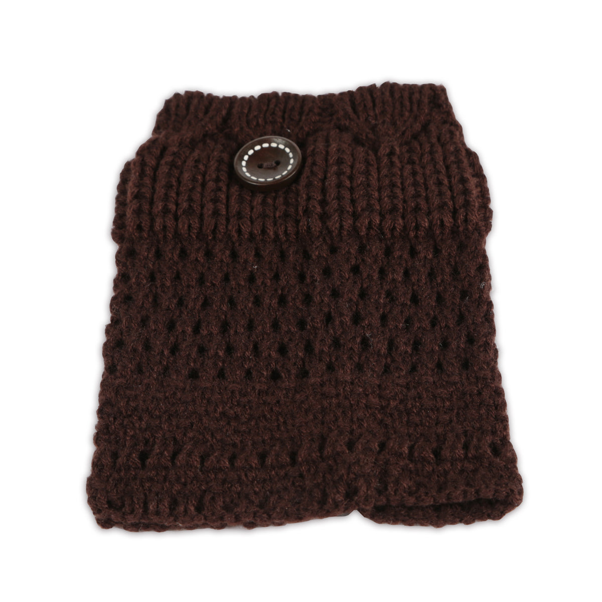 Coffee brown crochet knit leg warmer with ribbed texture and round metal button