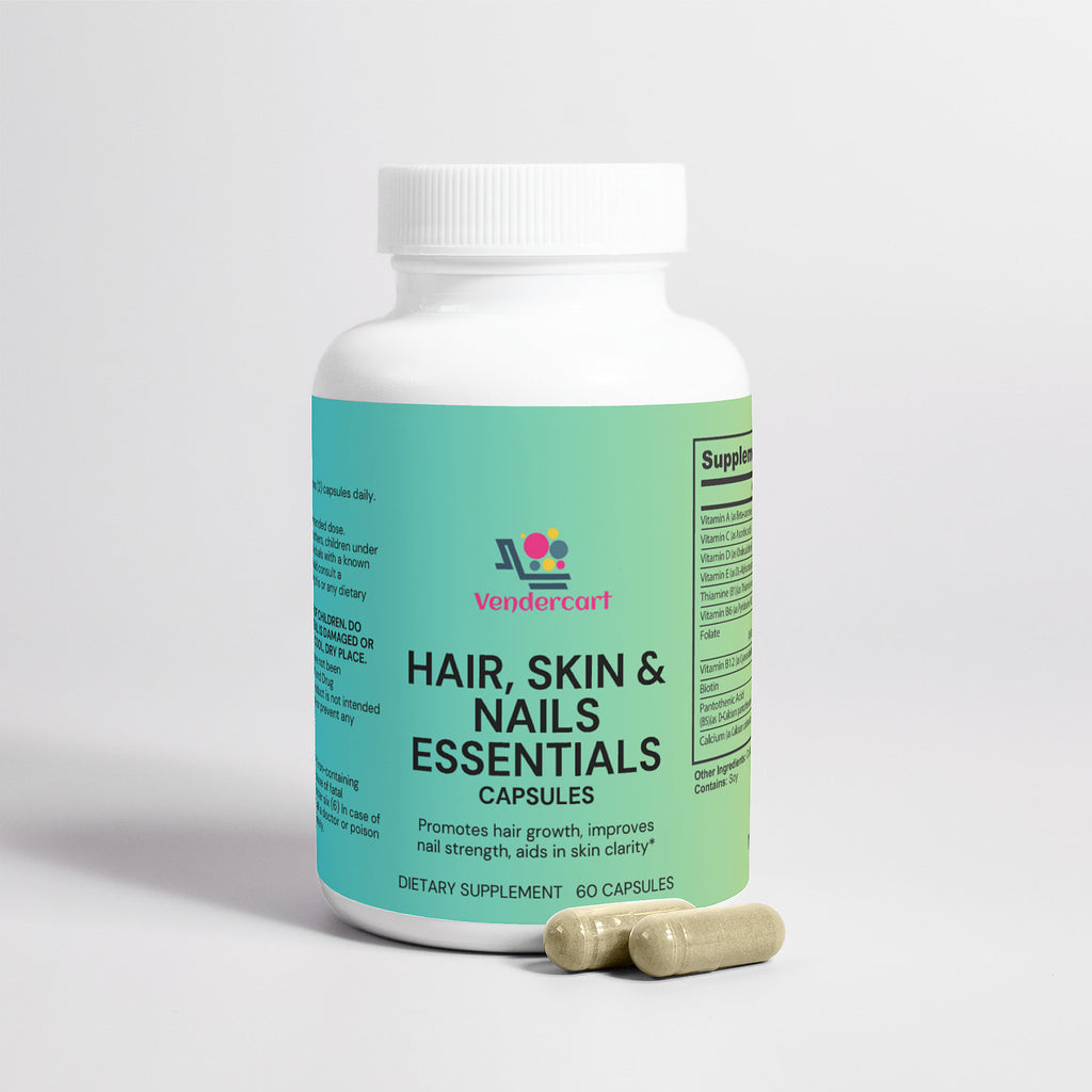 Hair Skin & Nails Essentials supplement bottle with beige softgels beside it, 60 count
