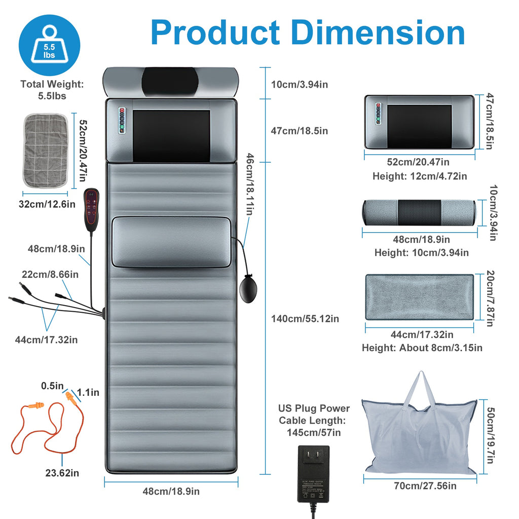 Full body massage mat size diagram with control cable, controller, and carry bag dimensions