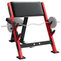 Preacher curl bench with black padded seat, red frame, and adjustable arm supports