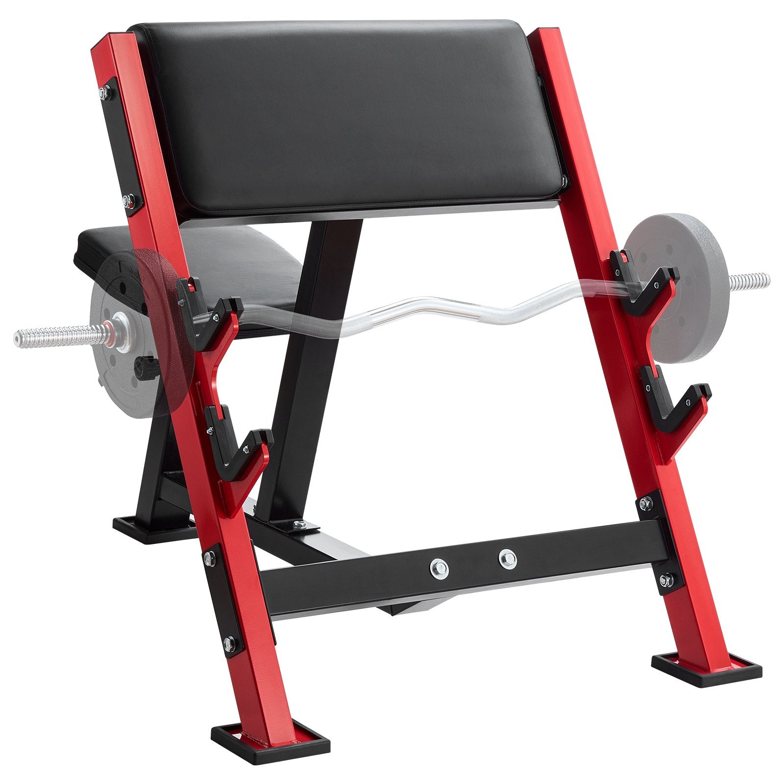 Preacher curl bench with black padded seat, red frame, and adjustable arm supports